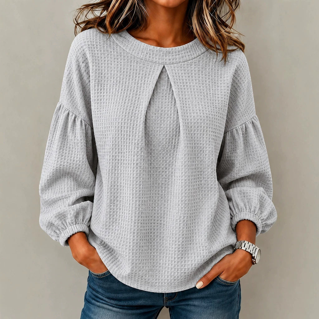 Women's waffle knit long sleeve with balloon sleeves and front seam slit Chichicherry