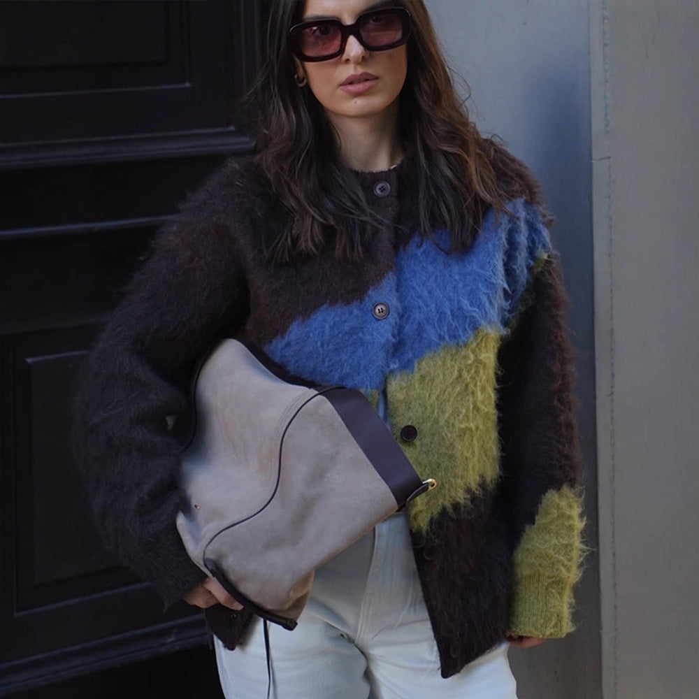Women's Oversize Mohair-Blend Cardigan with Abstract Color Block and Button Placket Chichicherry