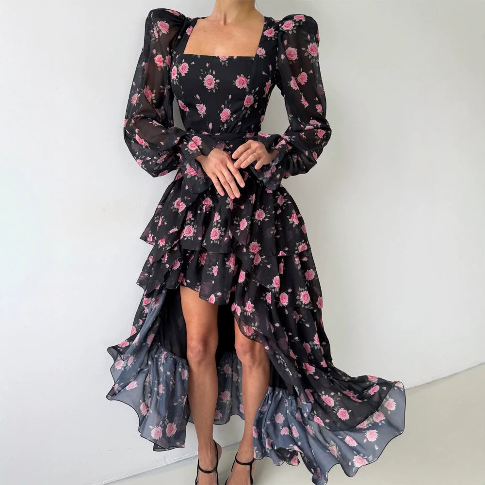 Women's maxi dress with layered ruffle high-low hem, square neckline, and sheer puff sleeves
