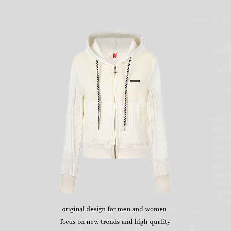 Women's short-cut hooded jacket with textured knit panels, drawstring, and metal zipper Chichicherry
