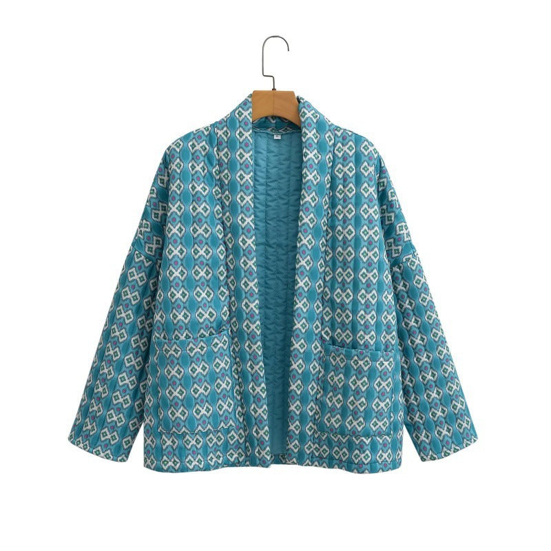 Women Patterned Quilted Kimono Jacket with Patch Pockets Chichicherry