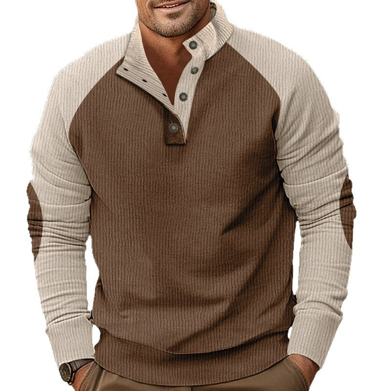 Men's Waffle Structure Henley Pullover with Stand Collar and Button Placket Chichicherry