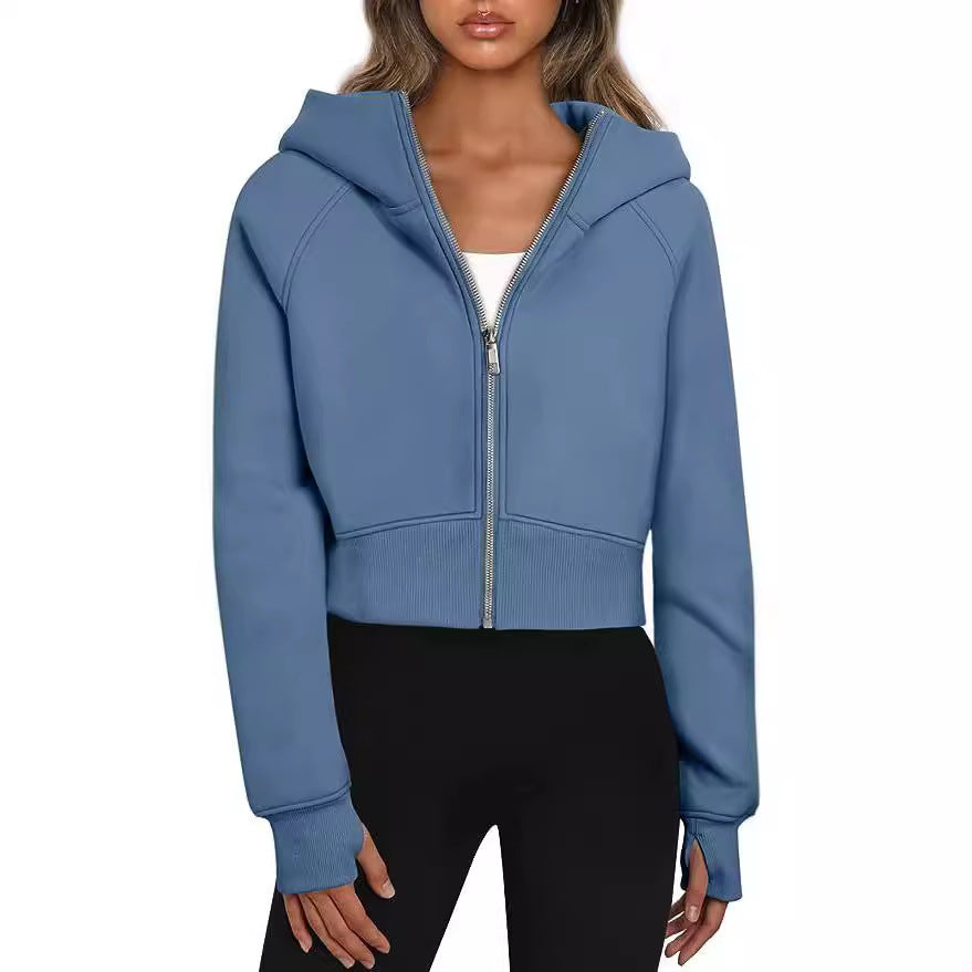 Damen Kurz geschnittener Performance-Kapuzenpullover mit durchgehendem Reißverschluss und Daumenlochbündchen Chichicherry