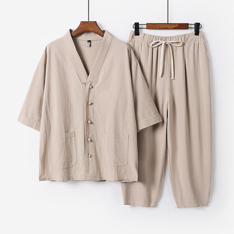 Unisex Lightweight Kimono Lounge Set made of Cotton-Linen with Short Sleeve Jacket and Drawstring Pants Chichicherry