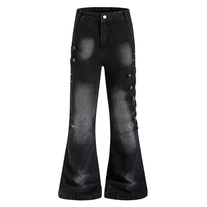 Ladies Wide Jeans Pants with Used Effect and Side Decorative Button Strips Chichicherry