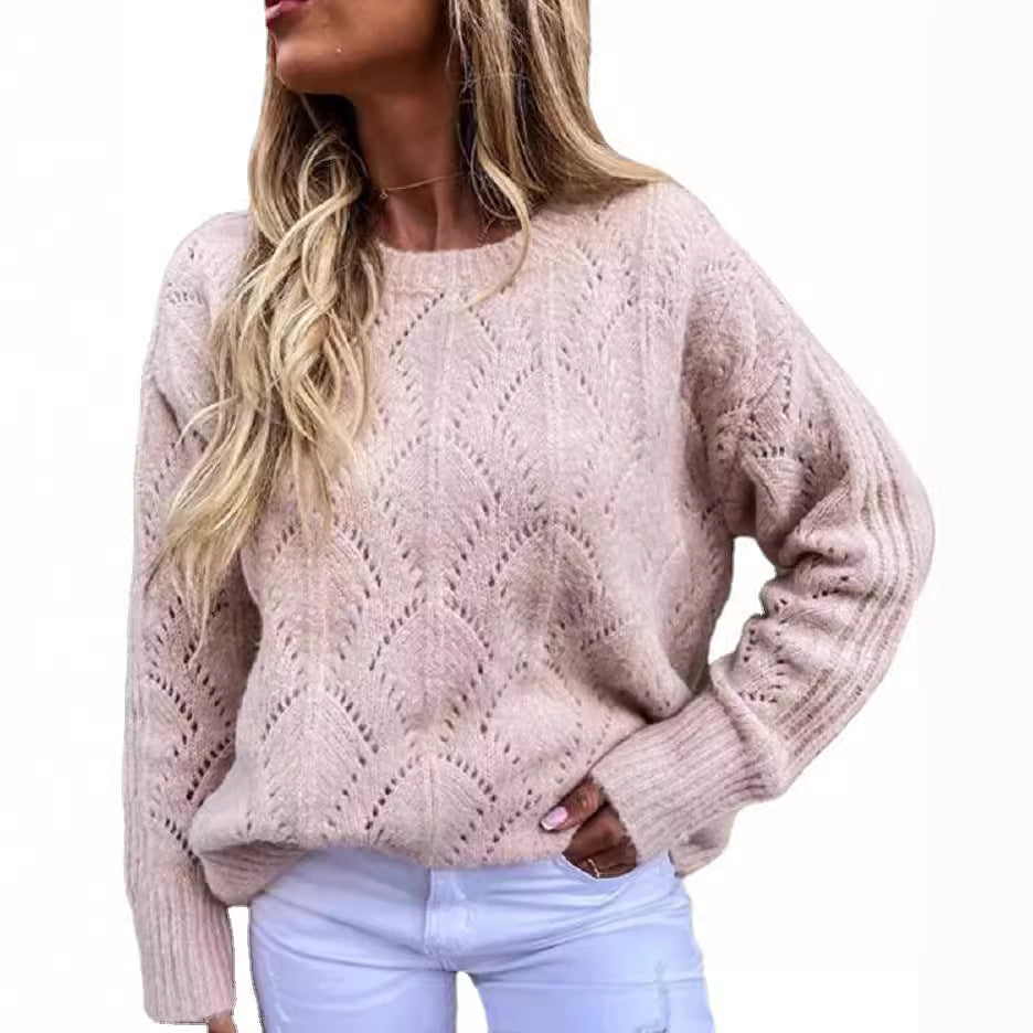 Women Oversize Ajour Knit Sweater with Round Neck Chichicherry