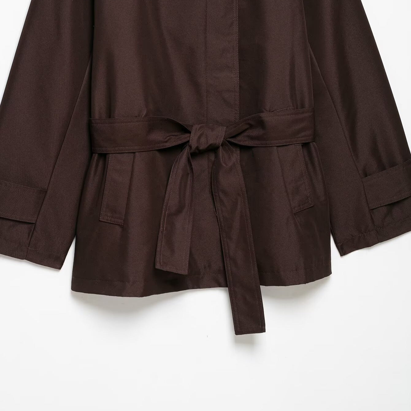 Women's Short Tailored Rain Jacket in Trench Style with Stand Collar and Tie Belt Chichicherry