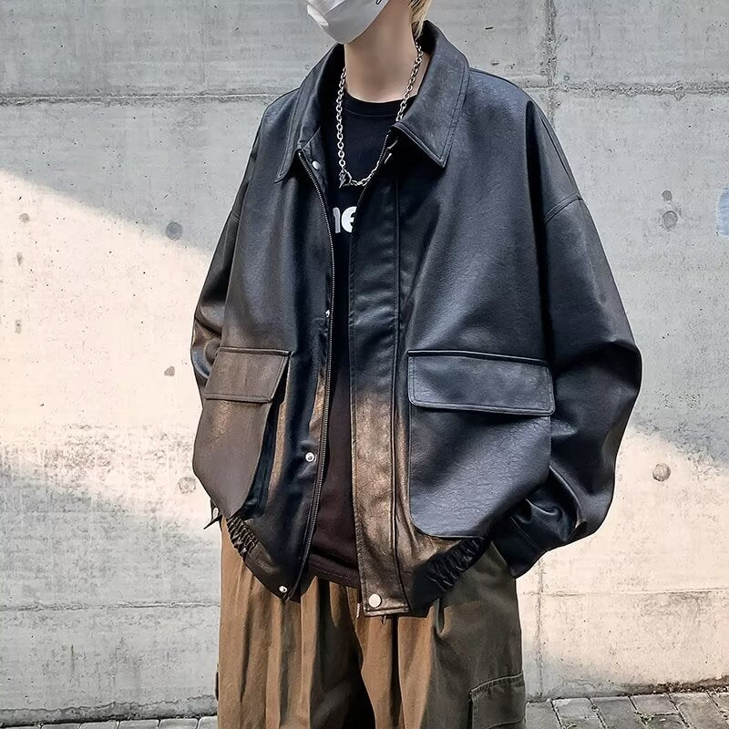 Herren Boxy Overshirt aus Lederoptik mit Hemdkragen und aufgesetzten Brusttaschen Chichicherry