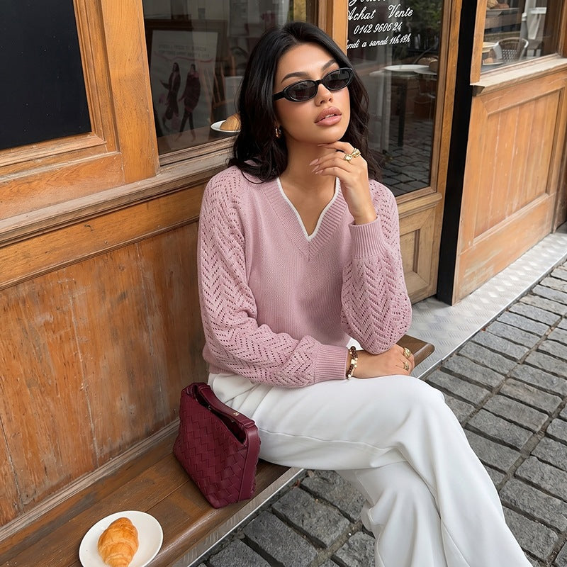 Women's fine knit sweater with deep V-neck, openwork sleeves, and ribbed hem Chichicherry