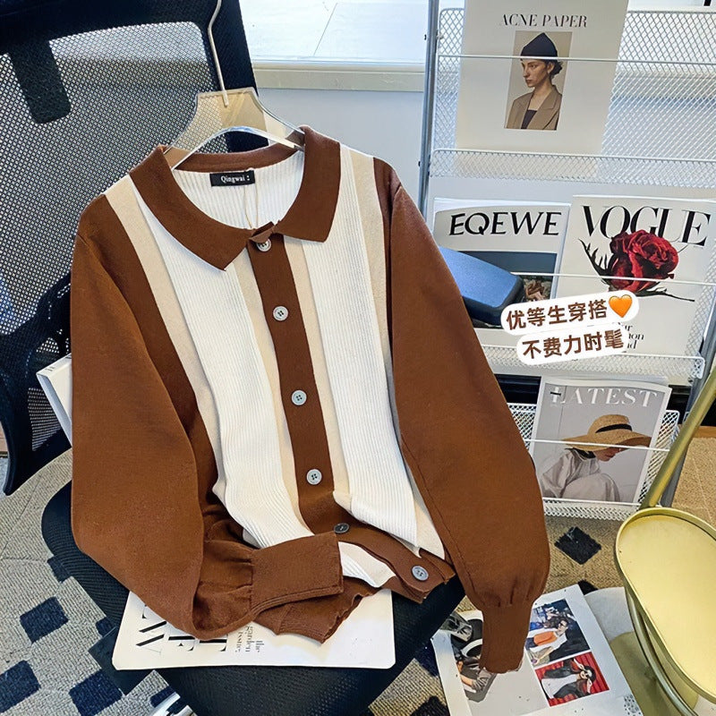 Damen Feinstrick-Cardigan mit Polokragen, kontrastierenden Rippeinsätzen und durchgehender Knopfleiste Chichicherry