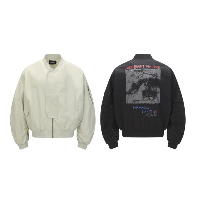 Unisex Short Cut Boxy Bomber Jacket with Concealed Front Placket and Flap Pockets Chichicherry