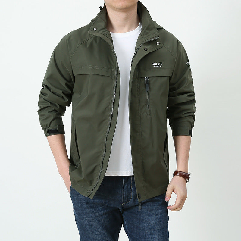 Men's Breathable Transitional Softshell Jacket in Field Style with Hidden Hood and Zip Chest Pocket Chichicherry