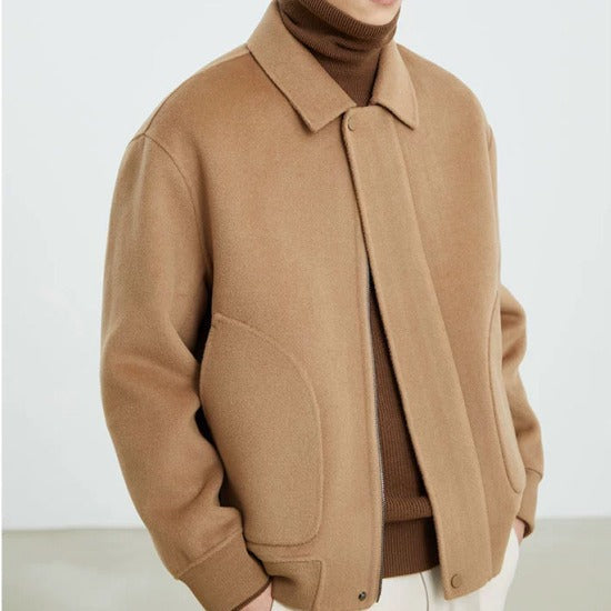 Men's Boxy Wool Blend Zip Jacket with Concealed Button Placket and Round Patch Pockets Chichicherry