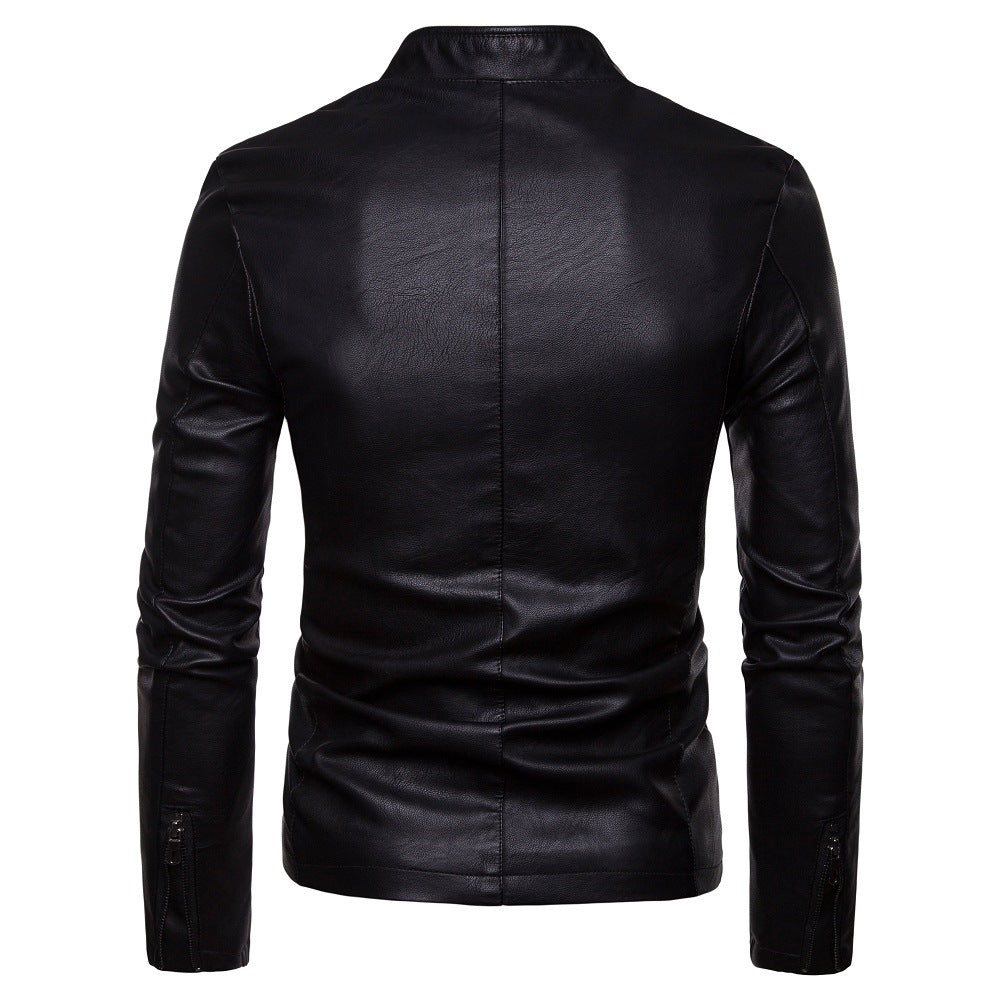 Men's Slim-Fit Faux Leather Jacket in Biker Style with Stand Collar and Front Zipper Chichicherry
