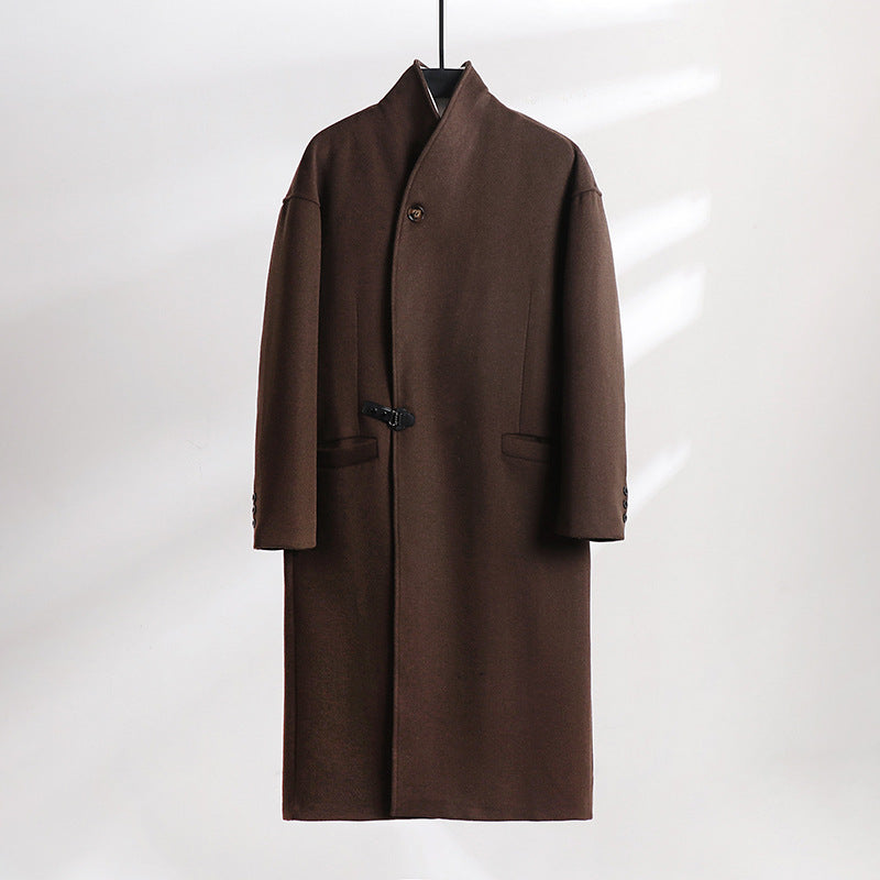 Men's Floor-Length Wool Blend Coat with Wide Shawl Collar and Decorative Toggle Closure Chichicherry