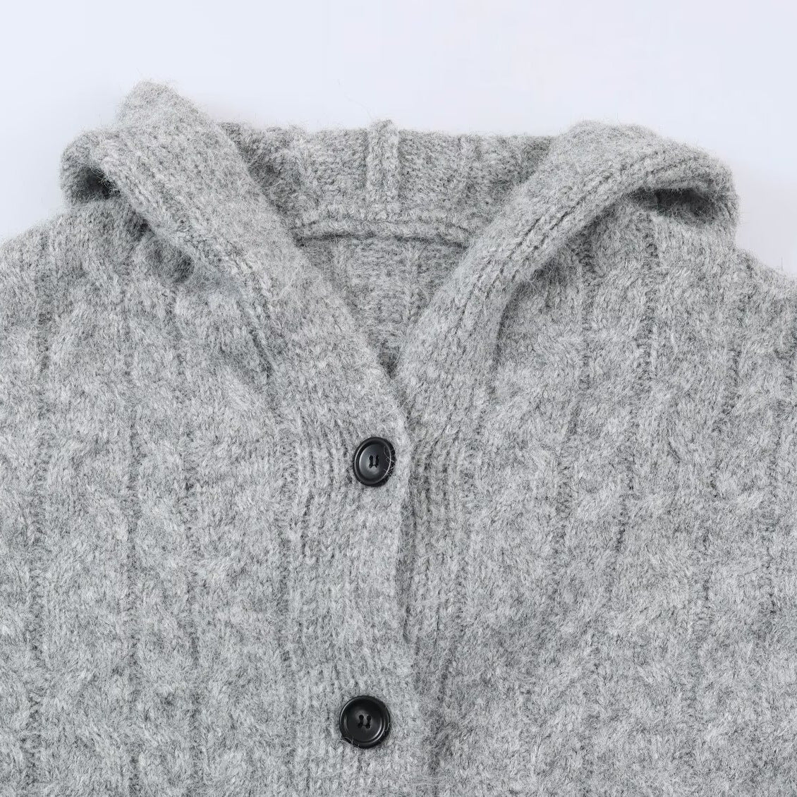 Women's Long Knitted Hooded Cardigan with Cable Pattern and Button Placket Chichicherry