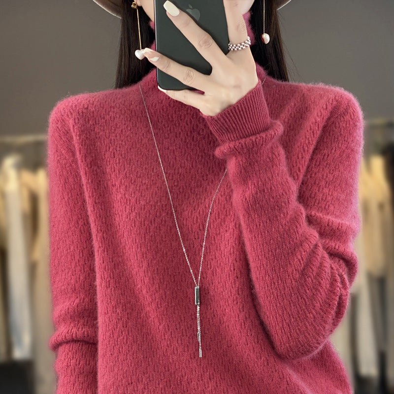 Women's soft fine-knit mock neck sweater with fluffy mohair look, delicate honeycomb structure and casual oversized fit Chichicherry