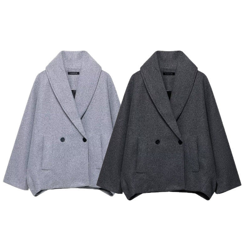 Women Boxy Wool Blend Cape Coat with Wide Shawl Collar and Double Button Placket Chichicherry