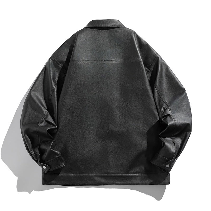 Men's short-cut boxy faux leather jacket with high collar and zipper chest pockets Chichicherry