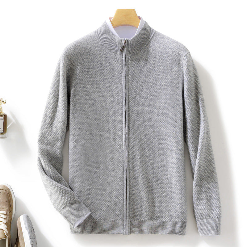 Men's Fine Structured Cardigan with Stand-Up Collar and Full-Length Zipper Chichicherry