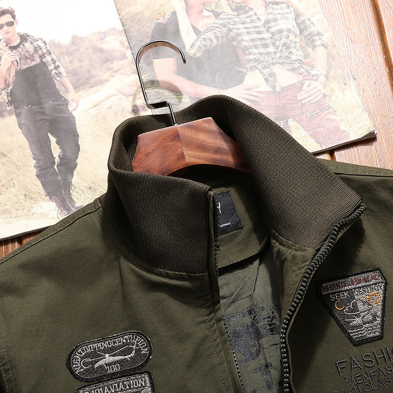 Men's Canvas Pilot Jacket with Embroidered Patches, Multiple Pockets, and Ribbed Cuffs Chichicherry