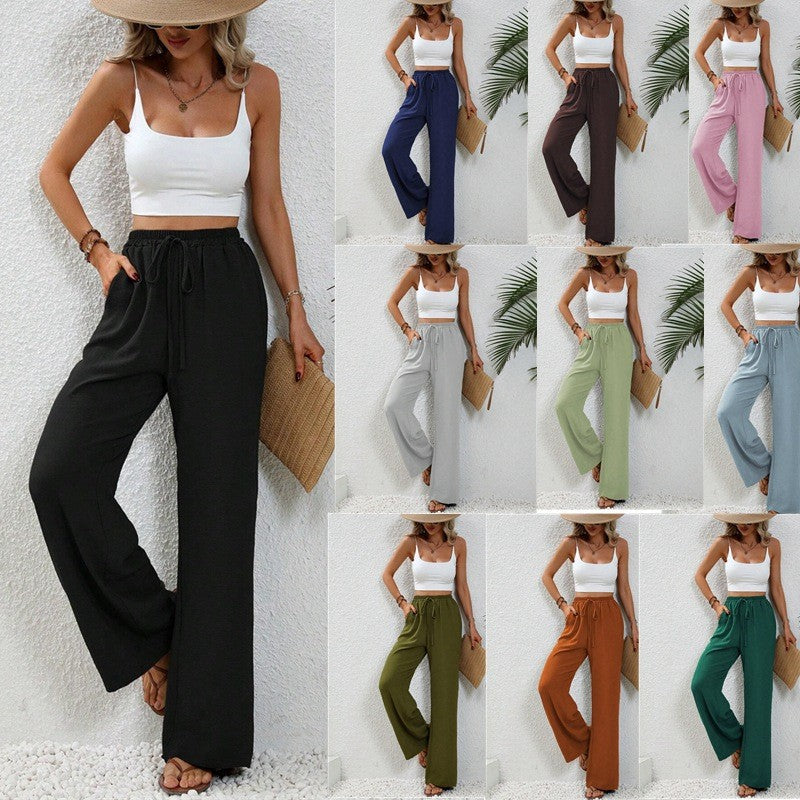 Women's Light Palazzo Pants with Elastic Waistband, Drawstring, and Side Pockets Chichicherry