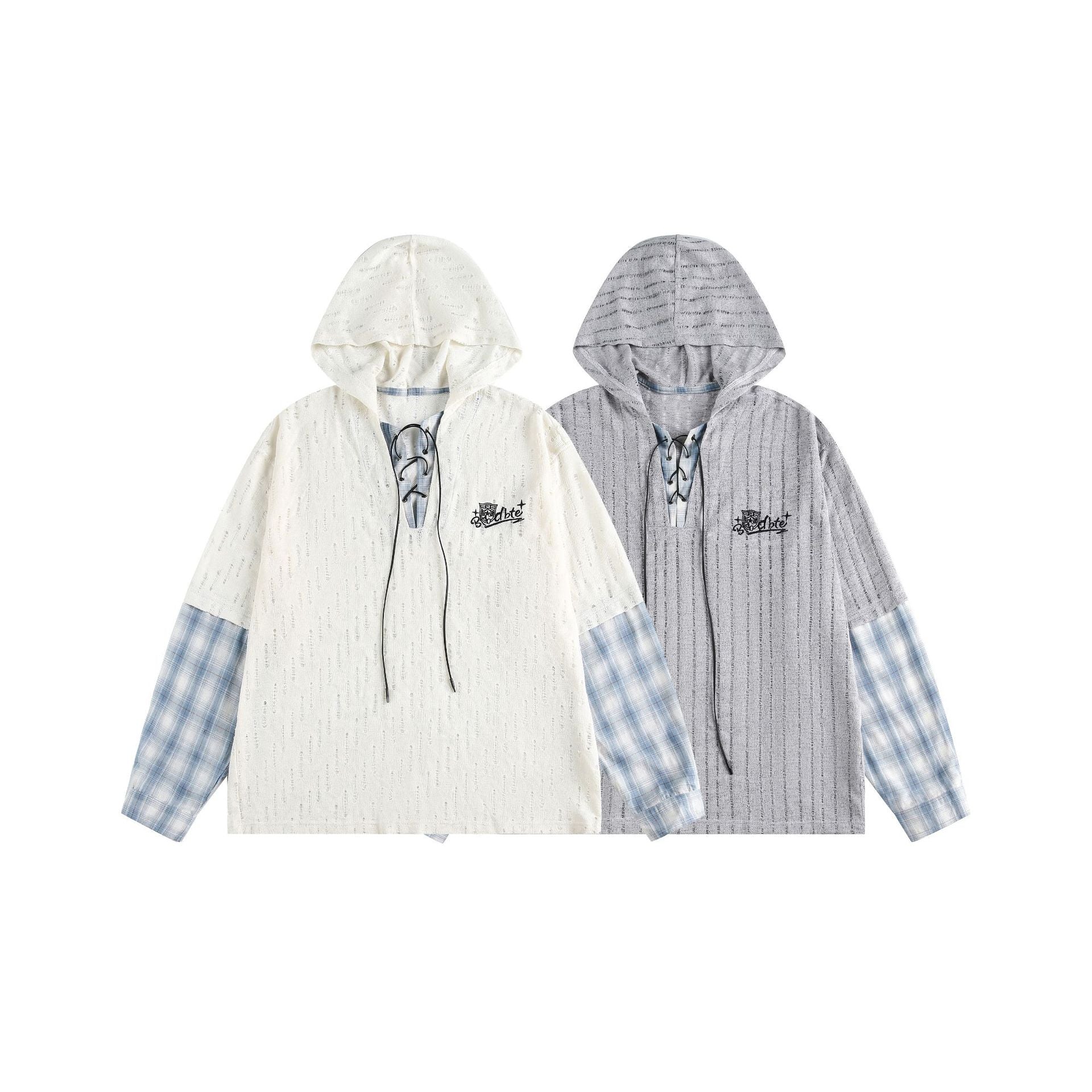 Unisex Casual Hoodie in Layering Look with Lace-Up V-Neck Chichicherry