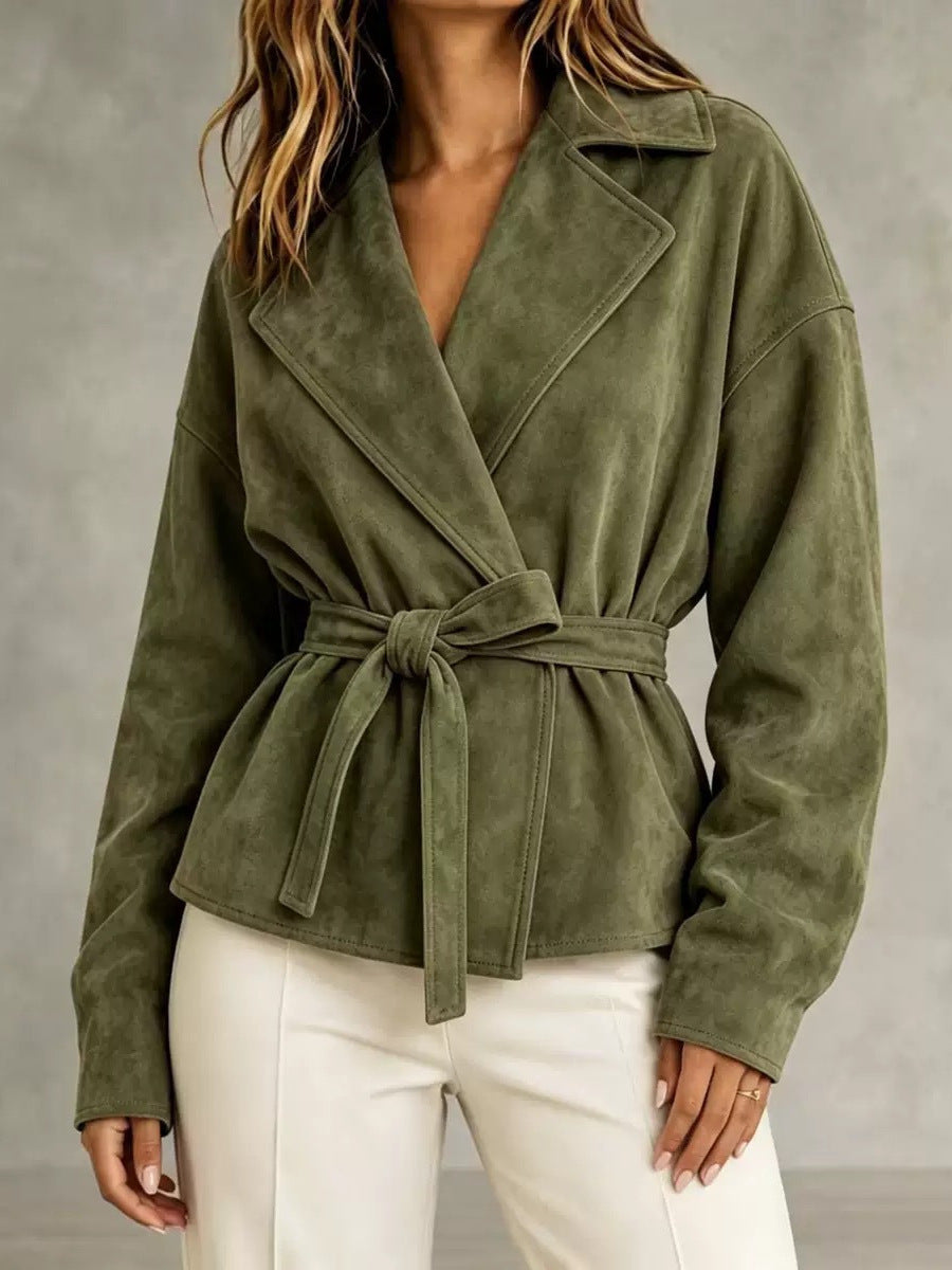 Women's Suede Blazer with Wrap Belt and Oversized Sleeves Chichicherry