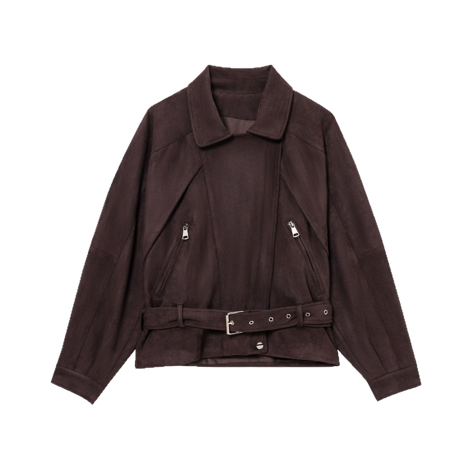Women Short Suede Look Trench Coat with Waist Belt and Zipper Details Chichicherry