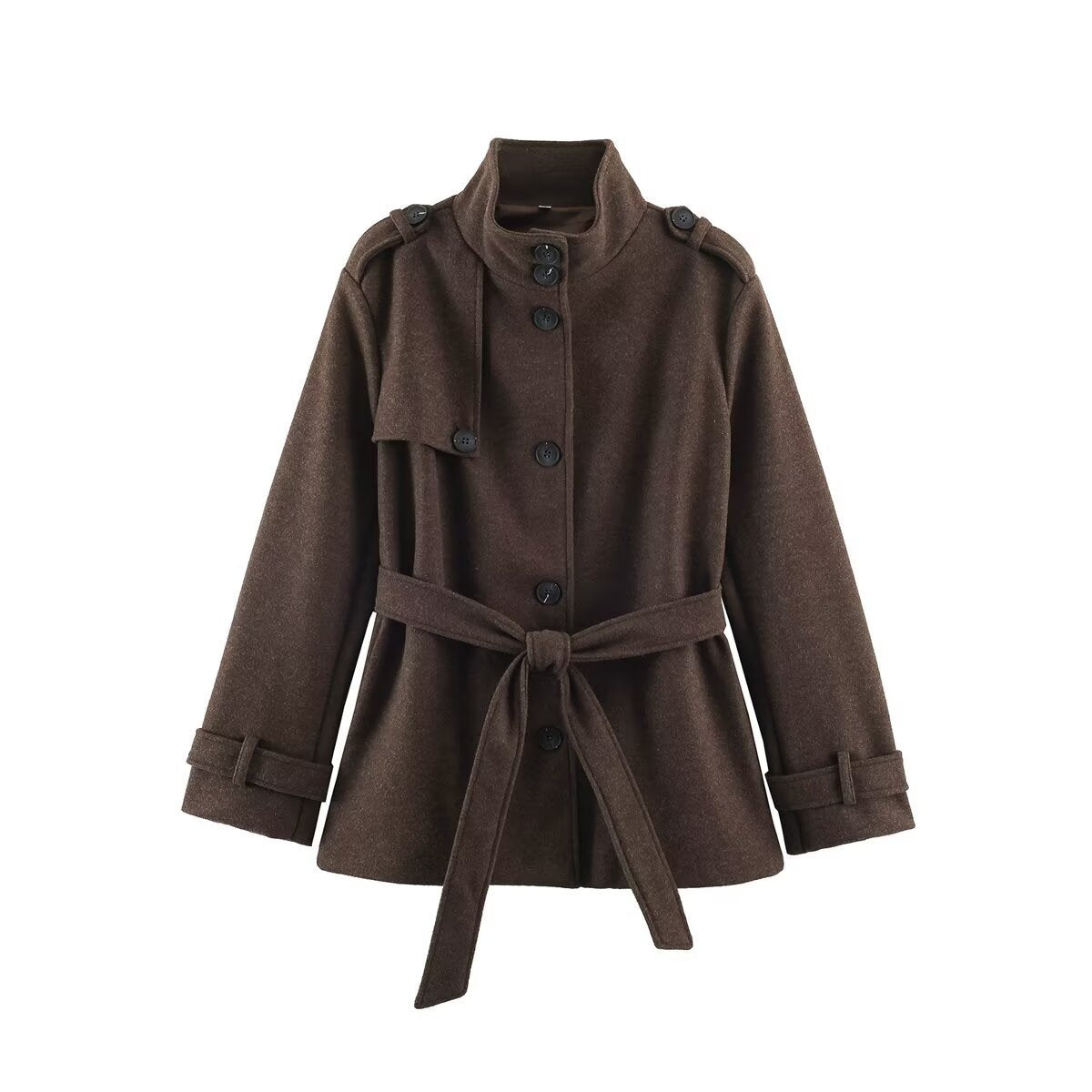 Women's short coat made of wool blend with stand-up collar, shoulder patches, and belted waist Chichicherry