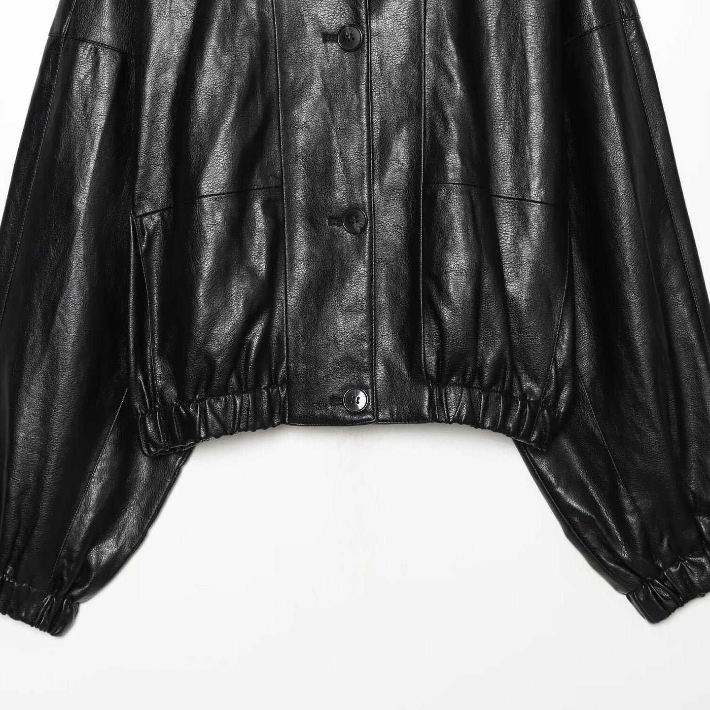Women's Short Faux Leather Bomber Jacket with High Funnel Collar and Elastic Hem Chichicherry