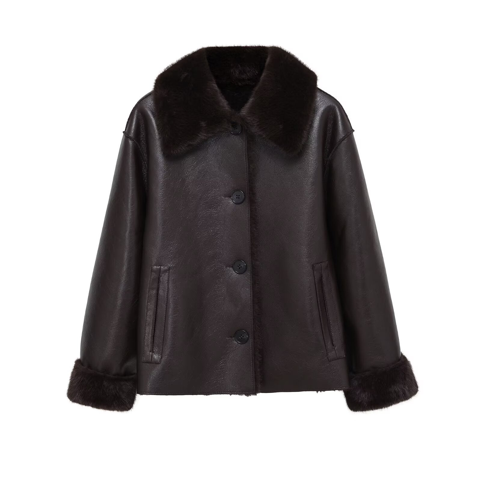 Women Boxy Faux Leather Jacket with Faux Fur Collar, Lambswool Imitation Lining and Button Closure Chichicherry