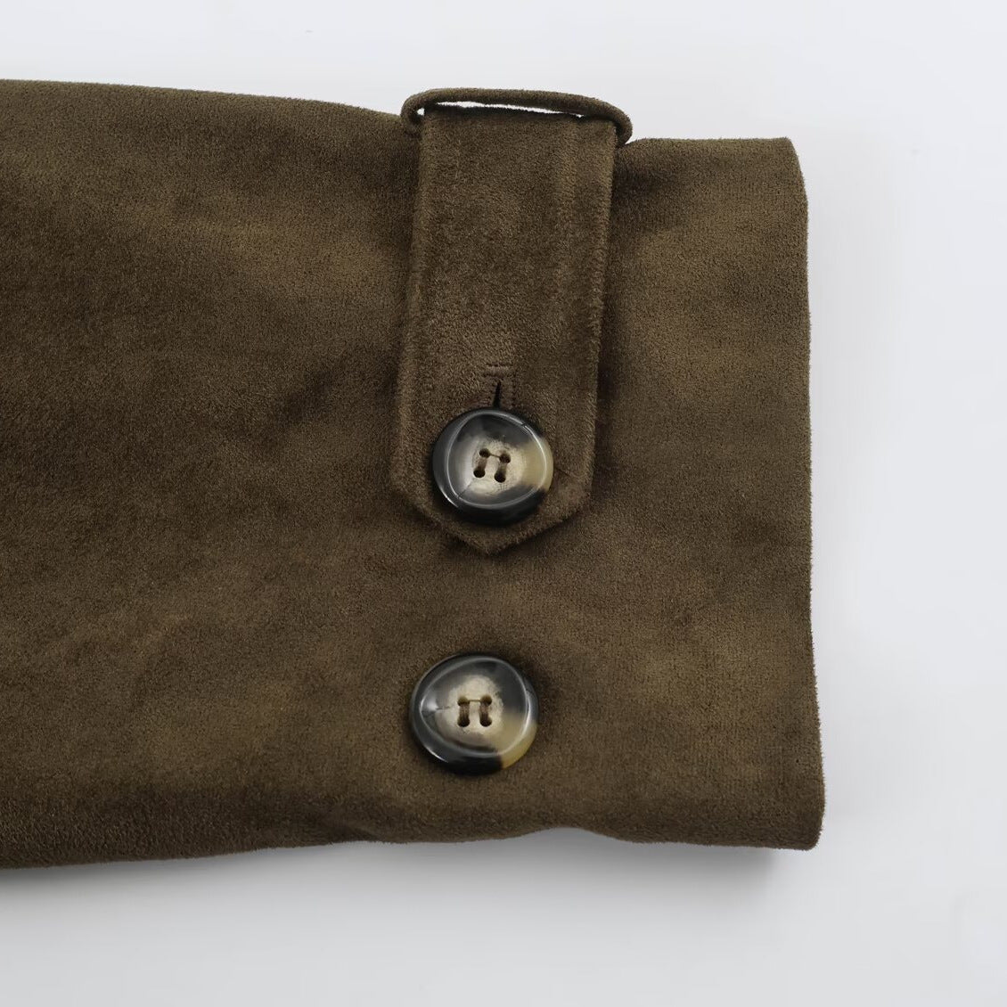 Women's Short-Cut Double-Breasted Suede-Look Bomber with Stand-Up Collar and Shoulder Patches Chichicherry