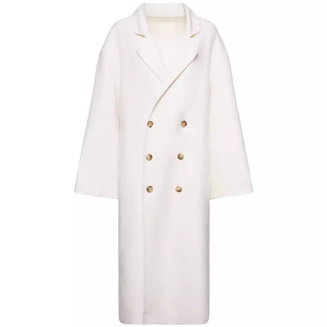 Women Oversize Double-breasted Long Coat with Dropped Shoulder Silhouette and Gold Decorative Buttons Chichicherry