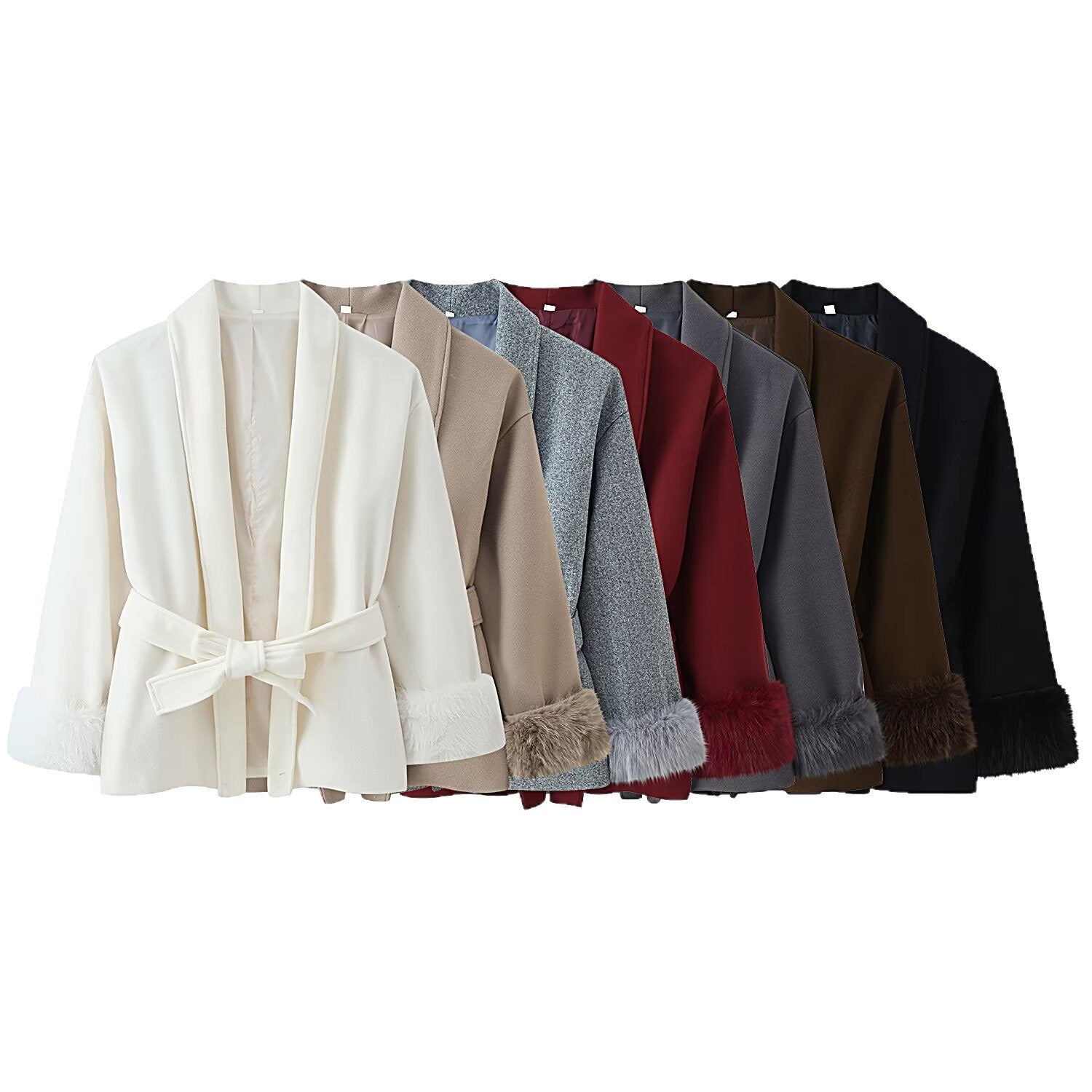 Women's wrap belt coat with shawl collar and faux fur cuffs Chichicherry