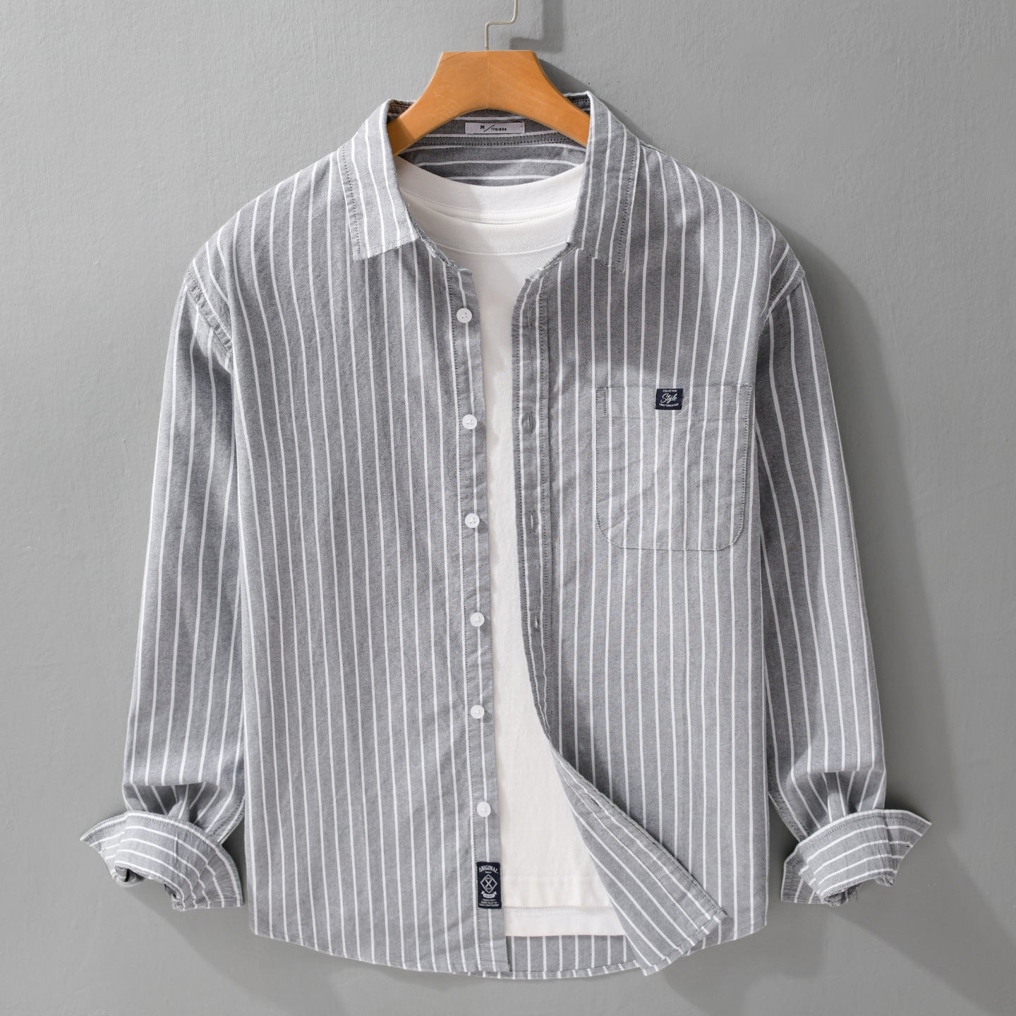Men's Striped Cotton Long Sleeve Shirt in Relaxed Look with Kent Collar and Chest Pocket Chichicherry