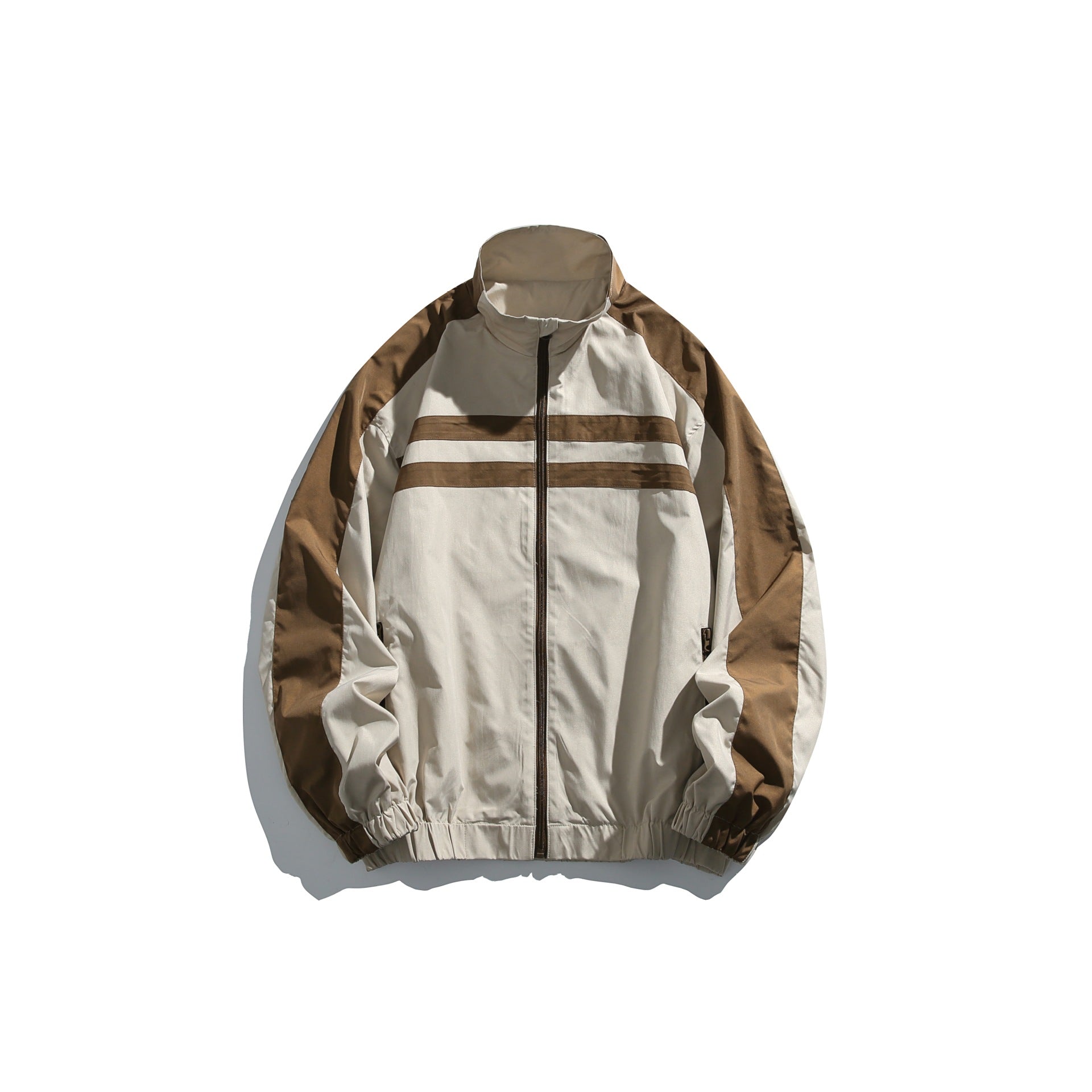 Unisex Sportive Track Jacket in Retro Windbreaker Design with Stand-Up Collar and Contrast Stripes Chichicherry