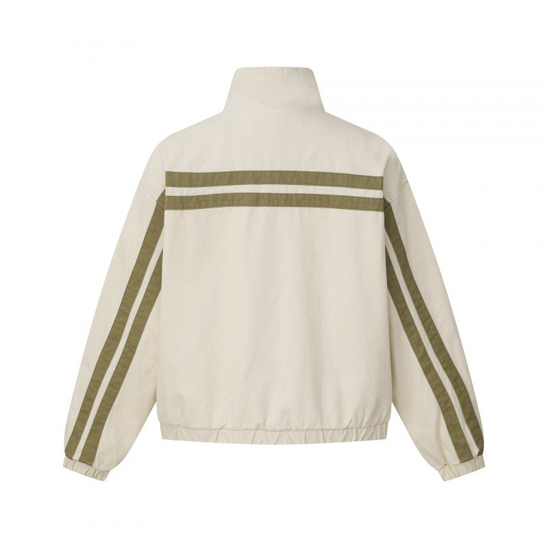 Unisex short cut boxy blouson jacket with stand collar, double stripe detail and checked inner lining Chichicherry