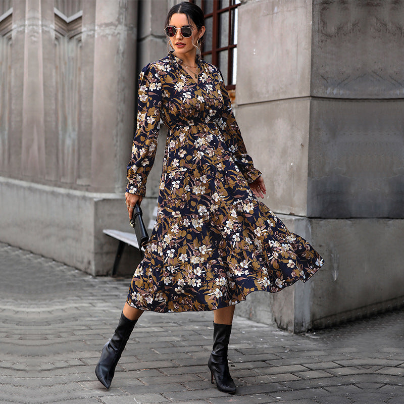 Women's Flowing Floral Midi Dress with V-Neck, Smocked Waistband, and Tiered Skirt Chichicherry