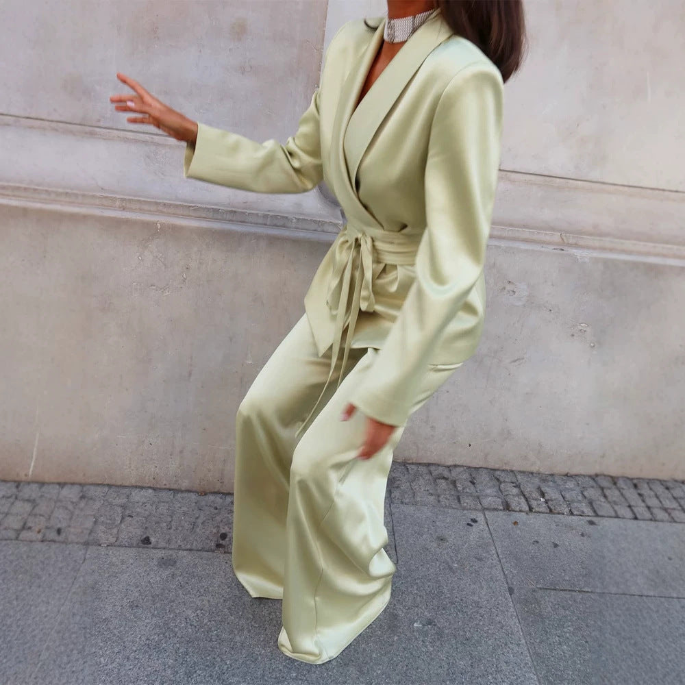 Women's Satin Two-Piece with Fitted Wrap Blazer and Wide Palazzo Pants Chichicherry