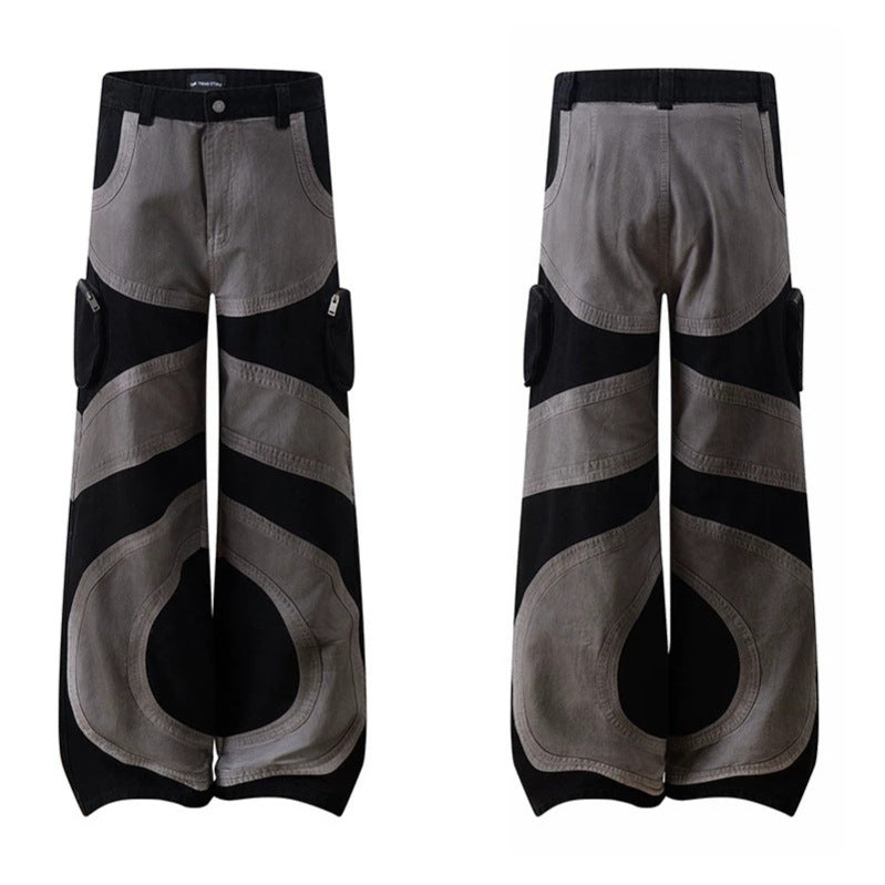 Women's wide patchwork cargo culotte pants with patch pockets and contrast stitching Chichicherry