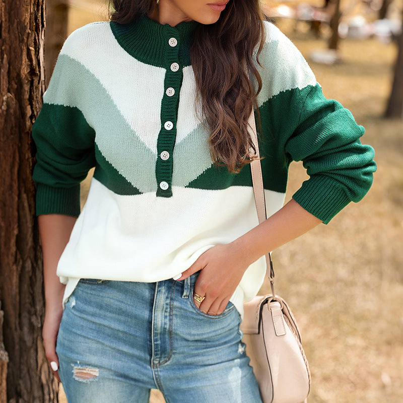 Women's chunky knit henley pullover with stand-up collar and chevron intarsia Chichicherry