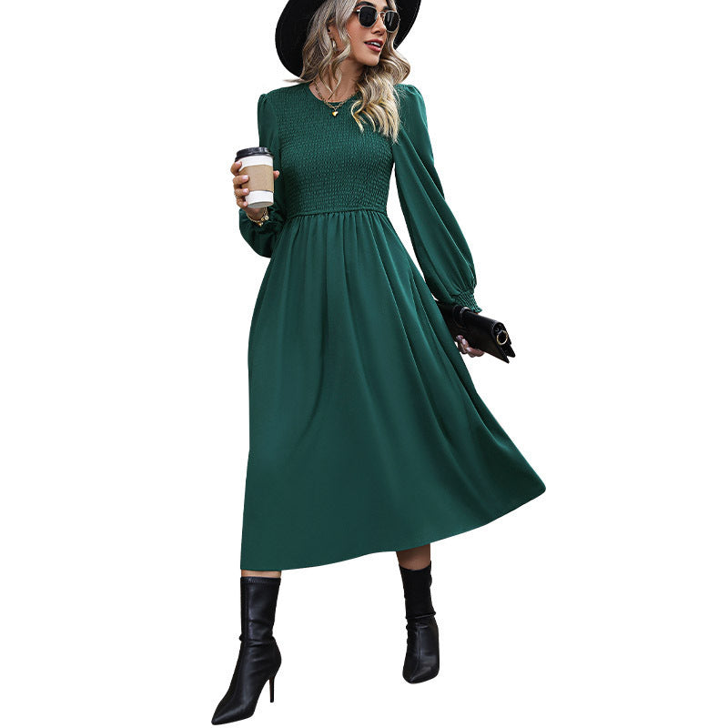 Women's midi dress with smocked bodice, tailored A-line & long balloon sleeves Chichicherry