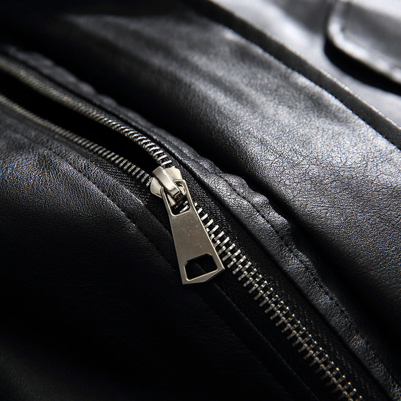 Men's Boxy Faux Leather Blouson Jacket with Stand Collar Snap Placket and Elastic Hem Chichicherry