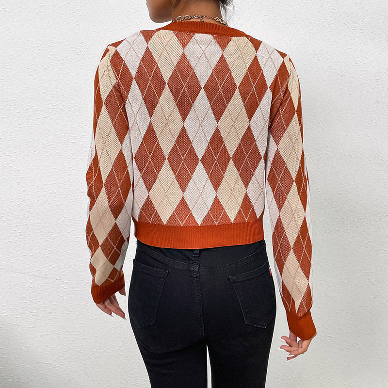 Women's Cropped Knit Sweater with Argyle Diamond Pattern and Fitted Ribbed Hem Chichicherry