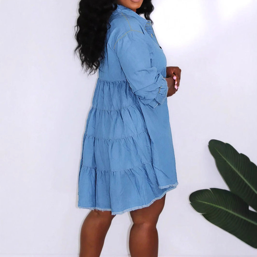 Women Oversize Denim Shirt Dress with Continuous Button Placket and Pockets Chichicherry