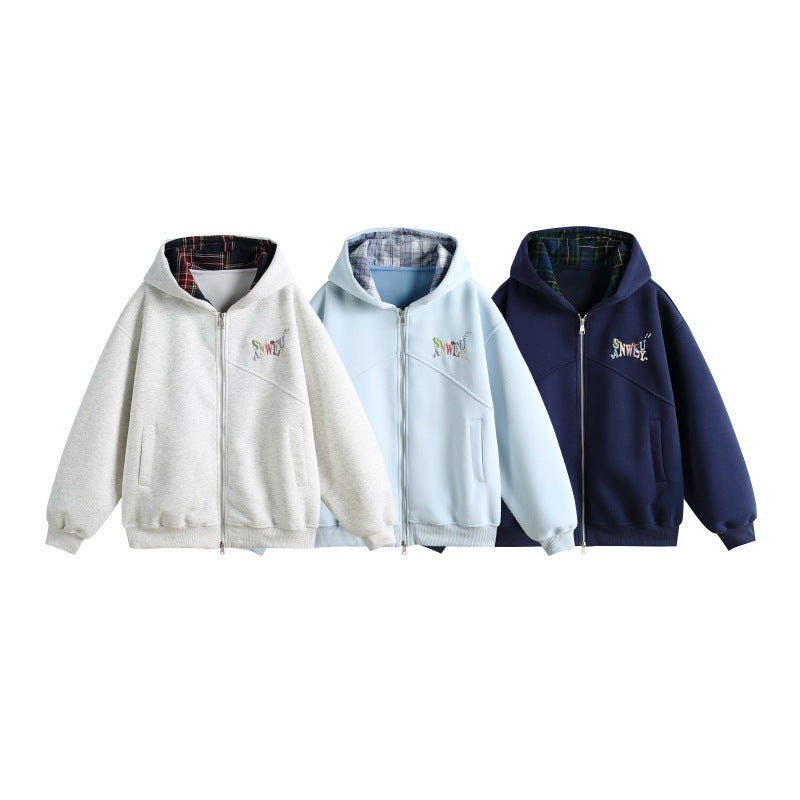 Women's hooded sweatshirt jacket in boxy cut with checked lined hood and subtle embroidery Chichicherry