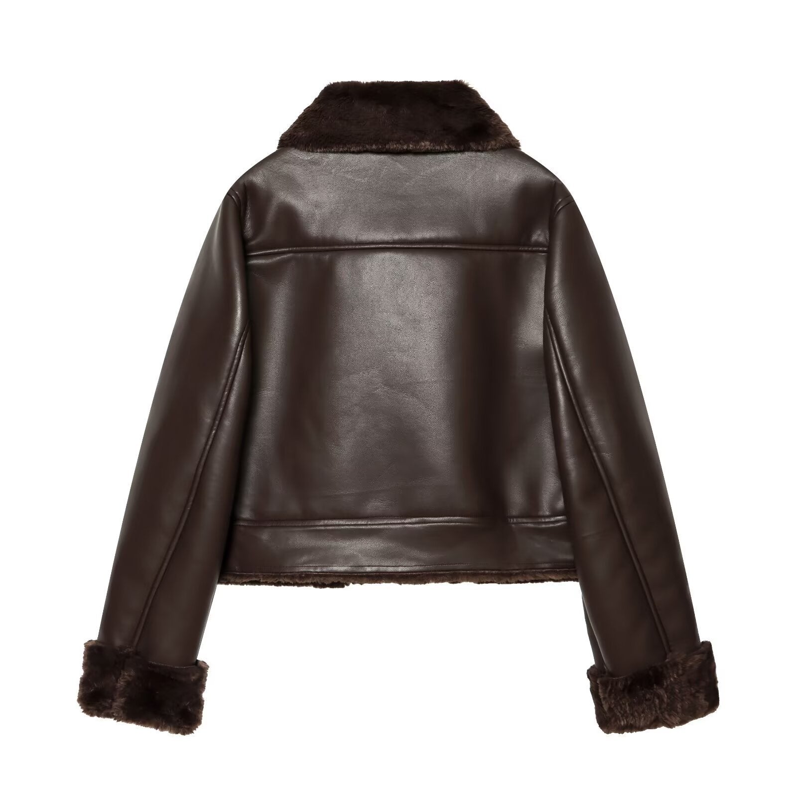 Women's short jacket in lambskin look with fur collar, patch pockets and button placket Chichicherry