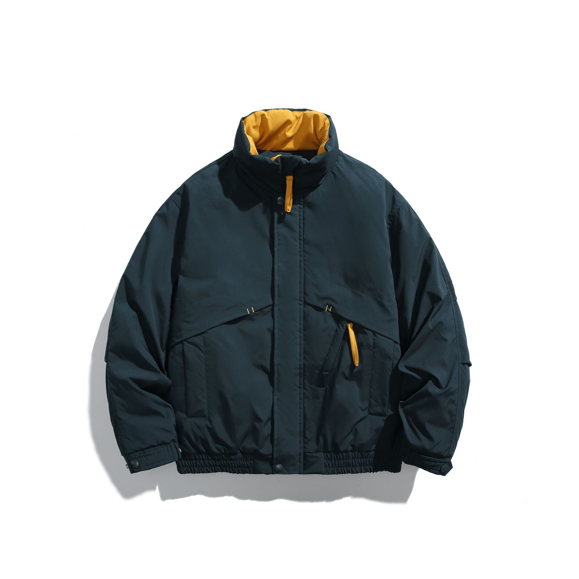 Unisex Short Cut Padded Boxy Bomber Jacket with High Stand-up Collar and Diagonal Flap Pockets Chichicherry