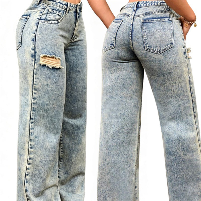 Ladies High-Waist Relaxed Jeans with Stone Wash Effect and Side Ripped Insert Chichicherry